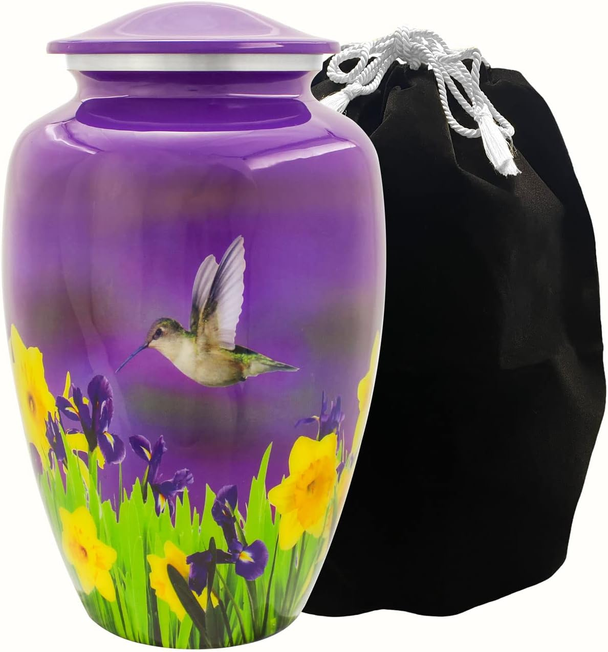 Mystic Hummingbird Adult Urn for Ashes - 200 Cubic Inch Capacity Cremation Urn - Large Metal Urn for Human Ashes - Gorgeous Purple Urn with Yellow Flowers and Gray & Blue Hummingbird