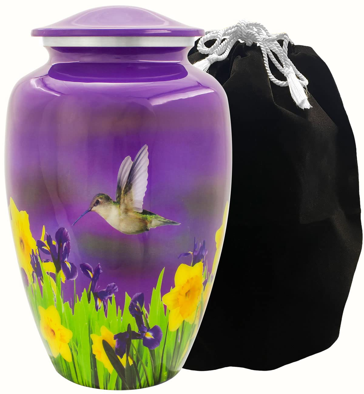 Mystic Hummingbird Adult Urn for Ashes - 200 Cubic Inch Capacity Cremation Urn - Large Metal Urn for Human Ashes - Gorgeous Purple Urn with Yellow Flowers and Gray & Blue Hummingbird