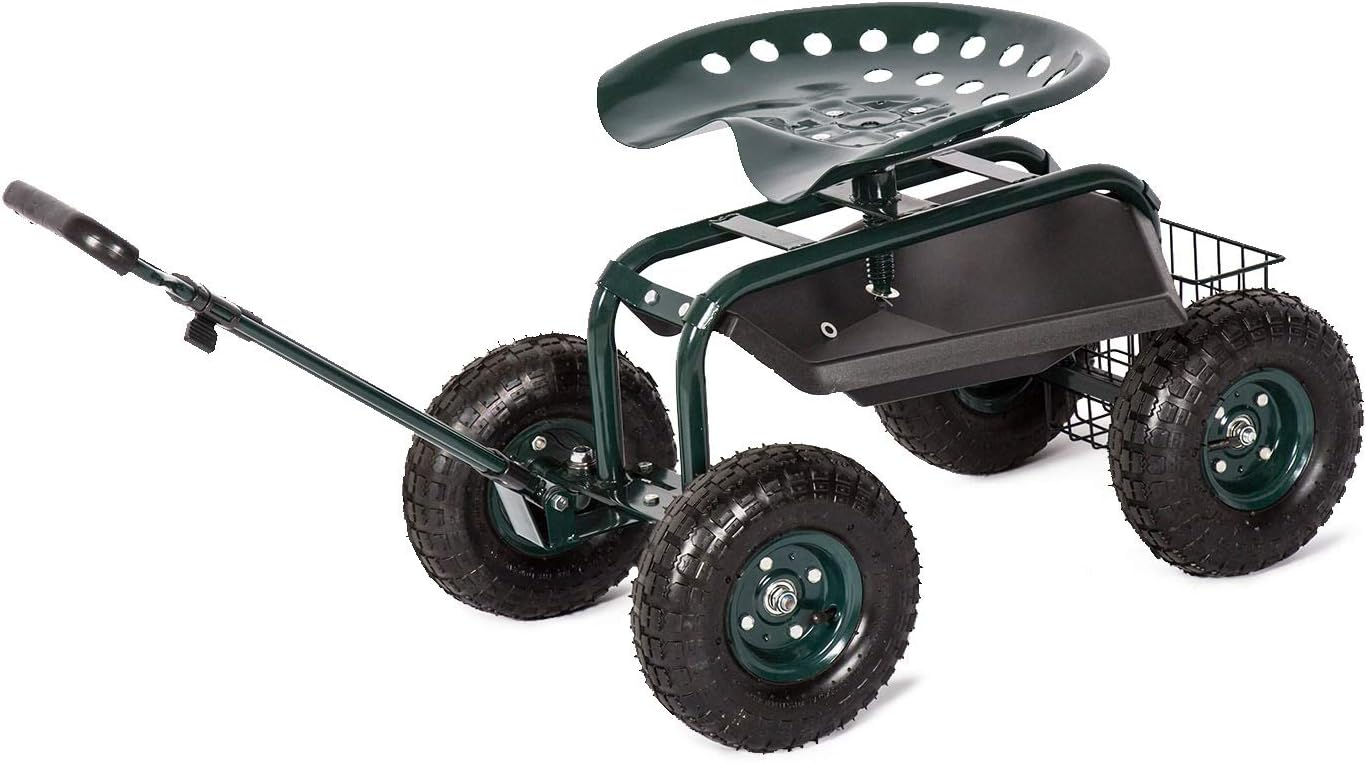 Rolling Garden Cart Scooter Stool - Garden Seat with Wheels Garden Cart with Seat, Adjustable Handle 360 Degree Swivel (Green)