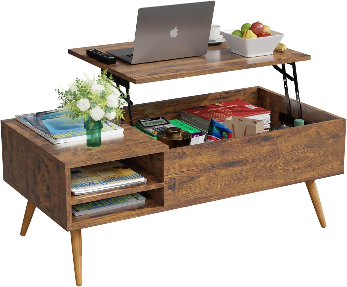 PayLessHere 39" Lift Top Coffee Table with Adjustable Storage and Hidden Compartment Small Wood Coffee Table Center Table for Home Living Room Office Apartment Reception Room,Brown