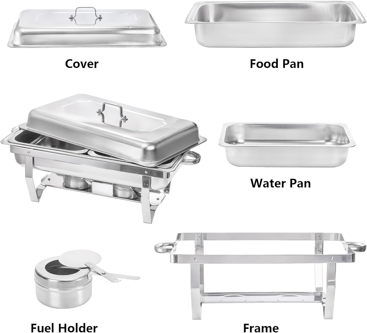 Fasmov Chafing Dish Buffet Set, 8 Quart Stainless Steel Catering Serve Chafer, Restaurant Food Warmer, Rectangular Buffet Stove with 2 Half Size Food Pans and Folding Frame