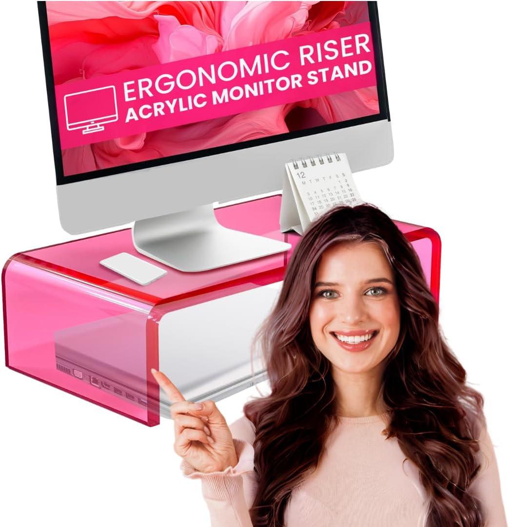 NovaMode Acrylic Monitor Stand - Ergonomic Desk Riser for Better Posture, Stylish & Modern Desktop Organizer, Computer Desk Stand for Monitors & Laptop - Bright Pink