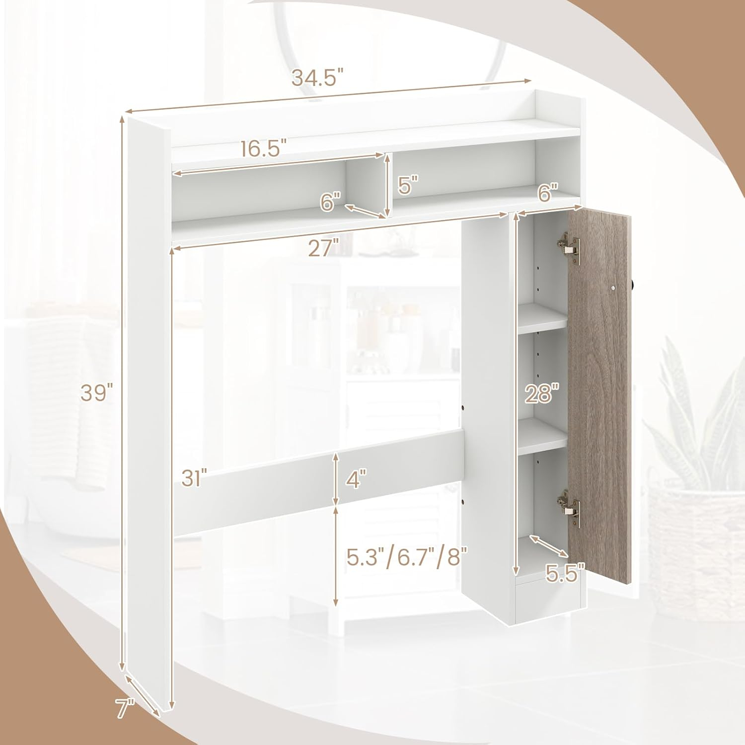Topcobe Bathroom Over the Toilet Floor Storage Organizer with Adjustable Shelves, Bathroom Furniture, Bathroom Shelves, White