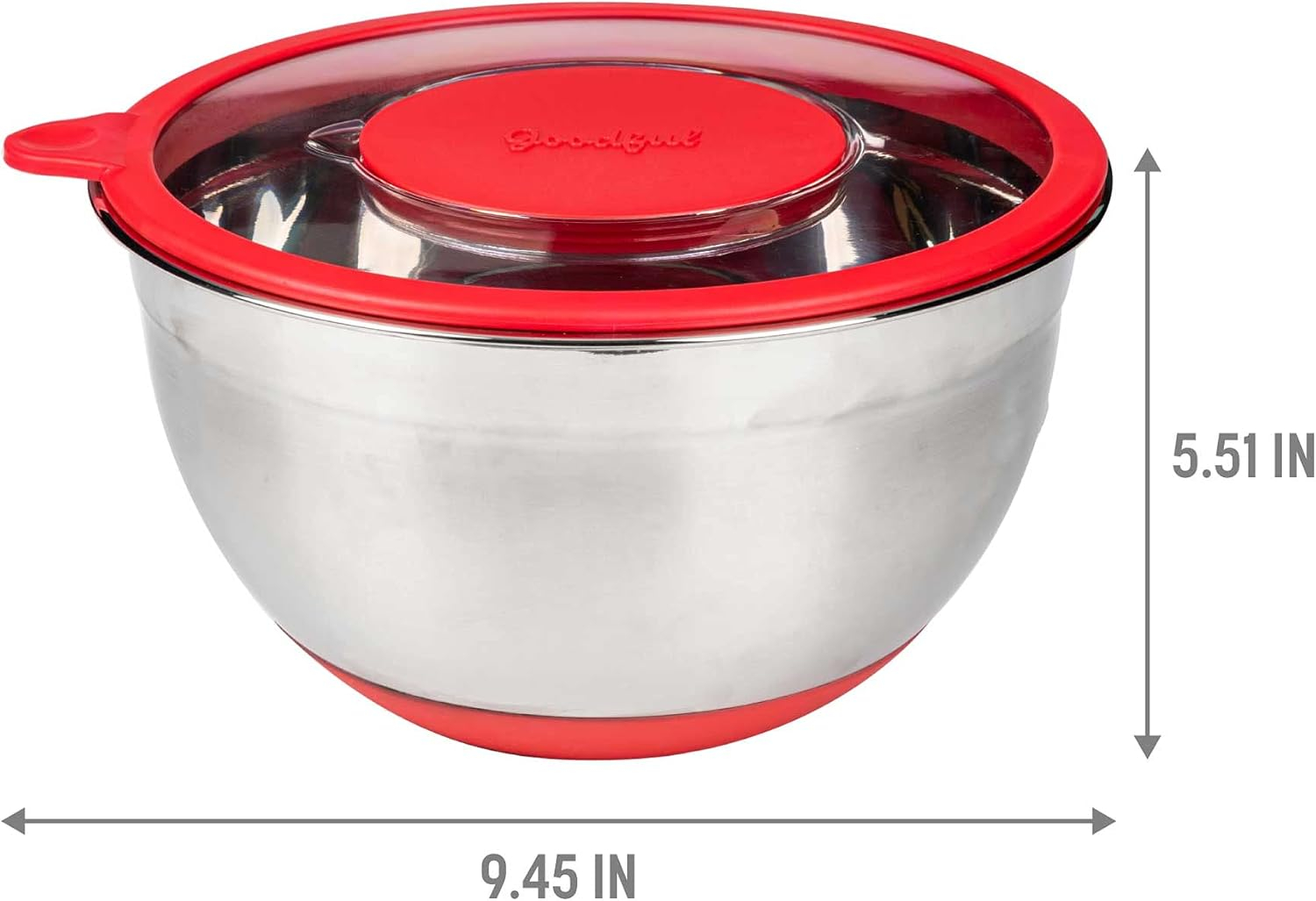 Goodful Stainless Steel Mixing Bowl with Non-Slip Bottom, Lid and 3 Interchangeable Grater Inserts (Fine, Coarse, Slicing), 5 Quart, Red