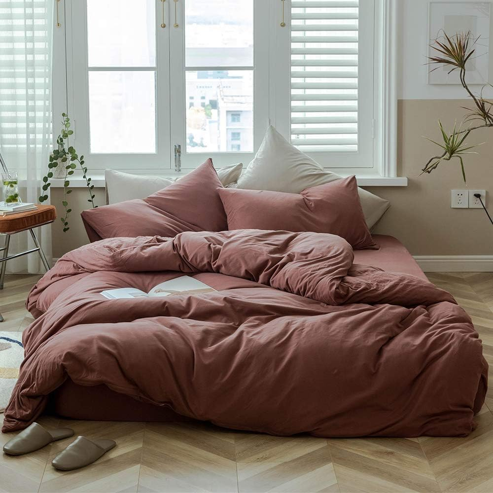 Le Vechtoo Duvet Cover Set, Queen, Brick Red, Jersey Knit Cotton, 100% Cotton, 3 Pieces, Modern Style, Bed Linen107