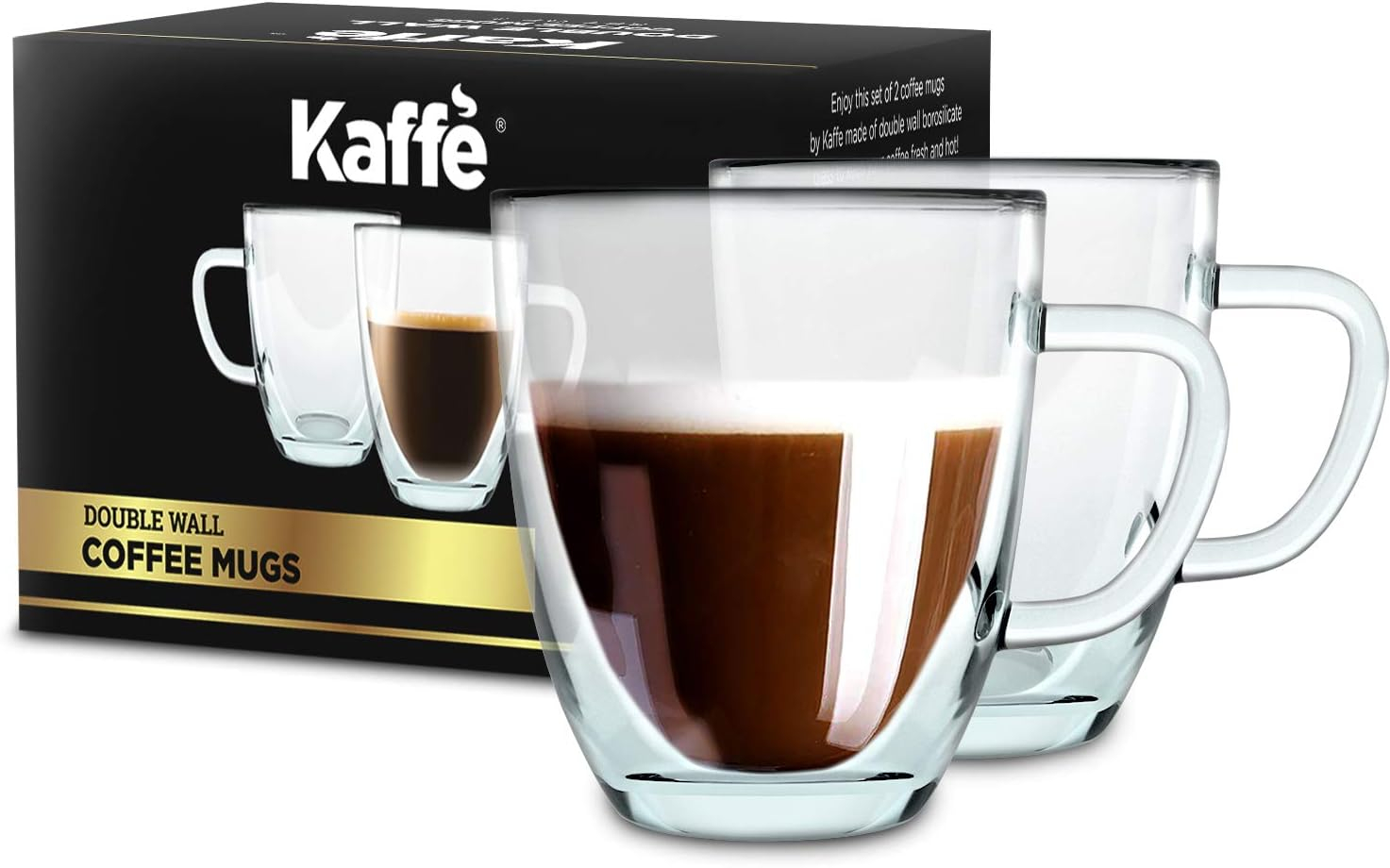 Kaffe 16oz Glass Coffee Mugs. Large Double-Wall Borosilicate Glass Coffee Cups. Perfect insulation for Latte, Cappuccino, Tea. Set of 2 (Two)