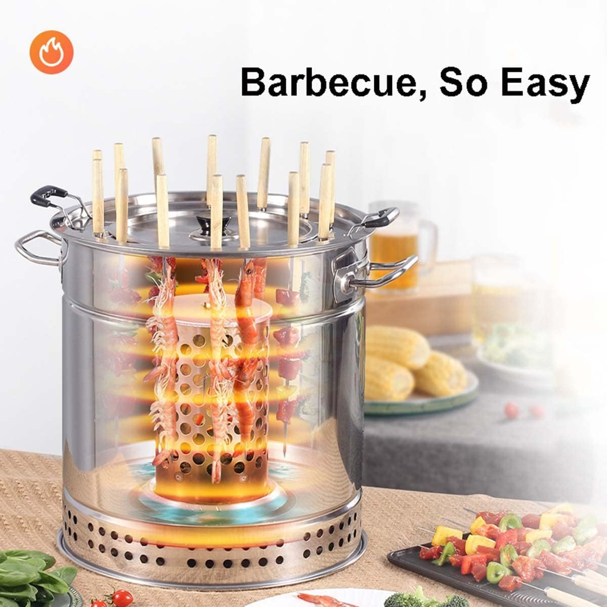 Portable Vertical Charcoal Smoker Grill Barrel Grill with 28 Skewers, Outdoor Indoor Camping Smokeless Charcoal Barbecue Grill BBQ,L