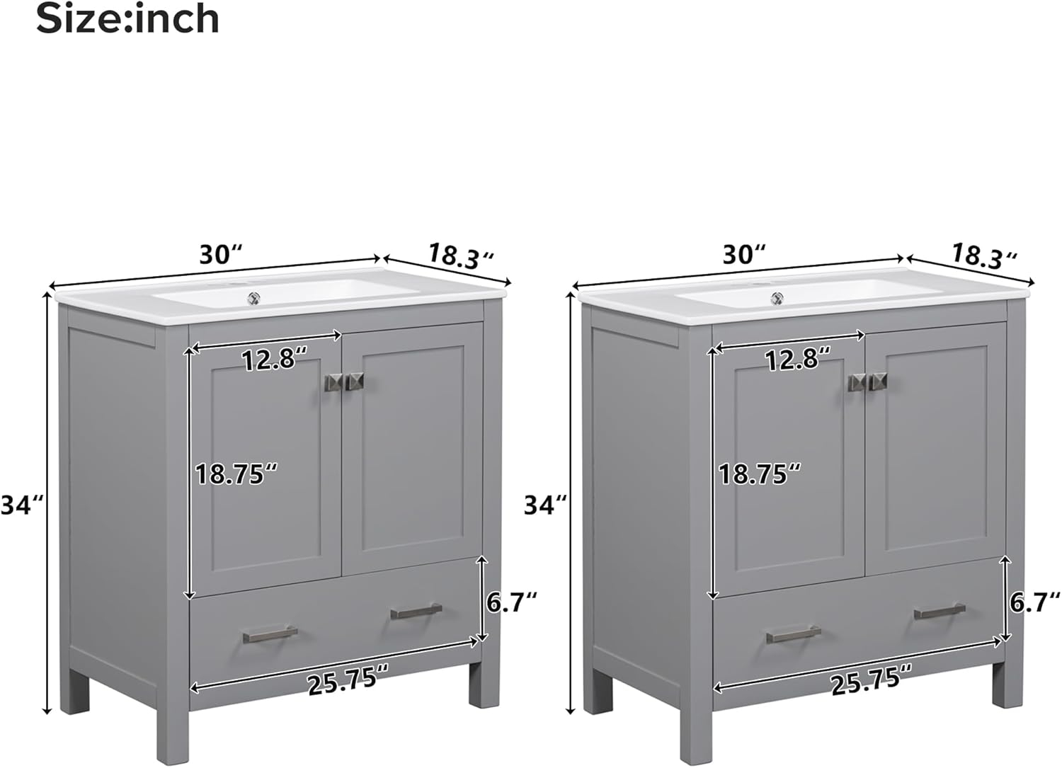 60" Bathroom Vanity Set,Double Vanities (Separate), Double Ceramic Sinks, Storage Shelf, and Divided Drawers (Mirror not Included)– Modern Bathroom Solution for Spacious Bathrooms,Grey