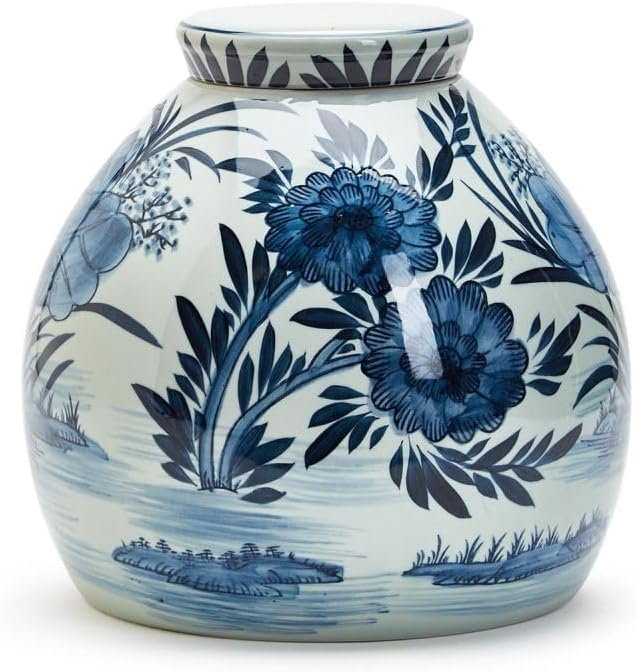 Two's Company Water Lilly 11" Blue and White Squat Covered Ginger Jar - Ceramic