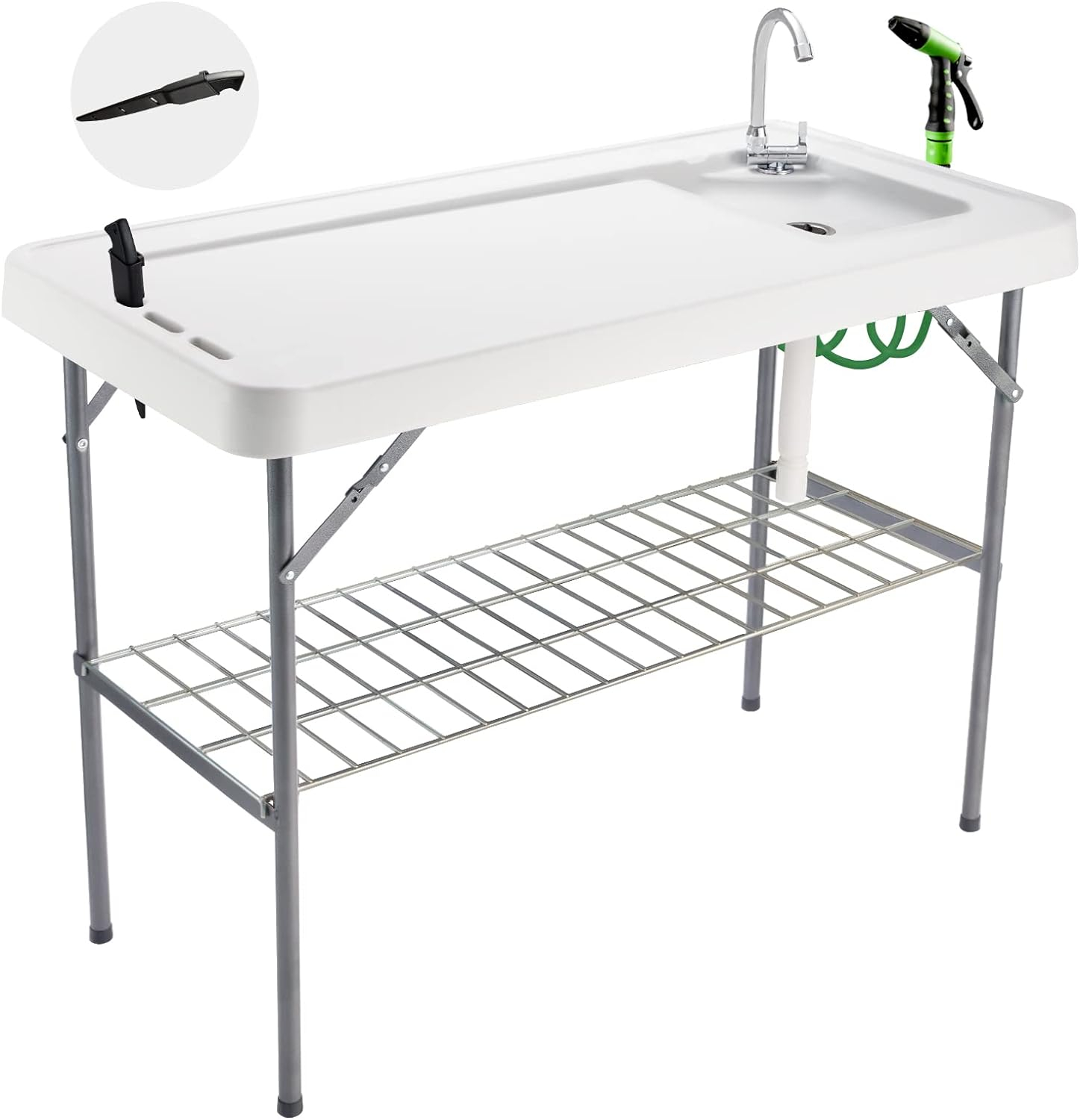Folding Fish Cleaning Table Portable Camping Sink Table with Faucet Drainage Hose & Sprayer Outdoor Fish Fillet Cleaning Station with Grid Rack & Knife Groove for Picnic Fishing, Grey