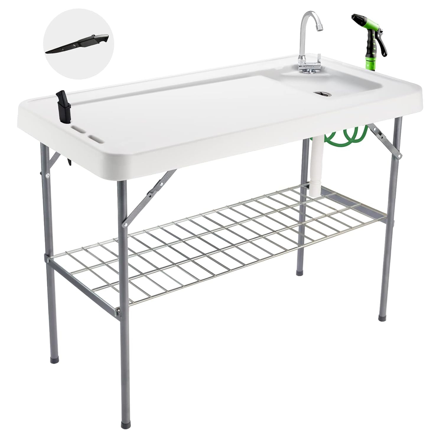 Folding Fish Cleaning Table Portable Camping Sink Table with Faucet Drainage Hose & Sprayer Outdoor Fish Fillet Cleaning Station with Grid Rack & Knife Groove for Picnic Fishing, Grey