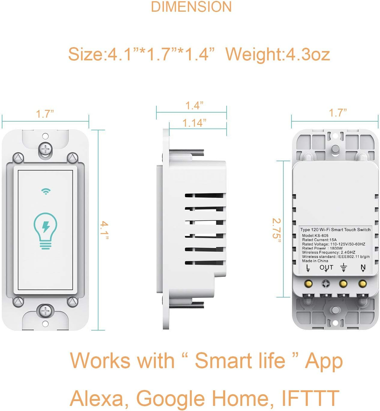 Smart Light Switch, Compatible with Alexa, Google Assistant, IFTTT, WiFi Light, Neutral Wire Required, Schedule Setting APP Remote Control, ETL, No Hub Required (Smart Switch 2pack)