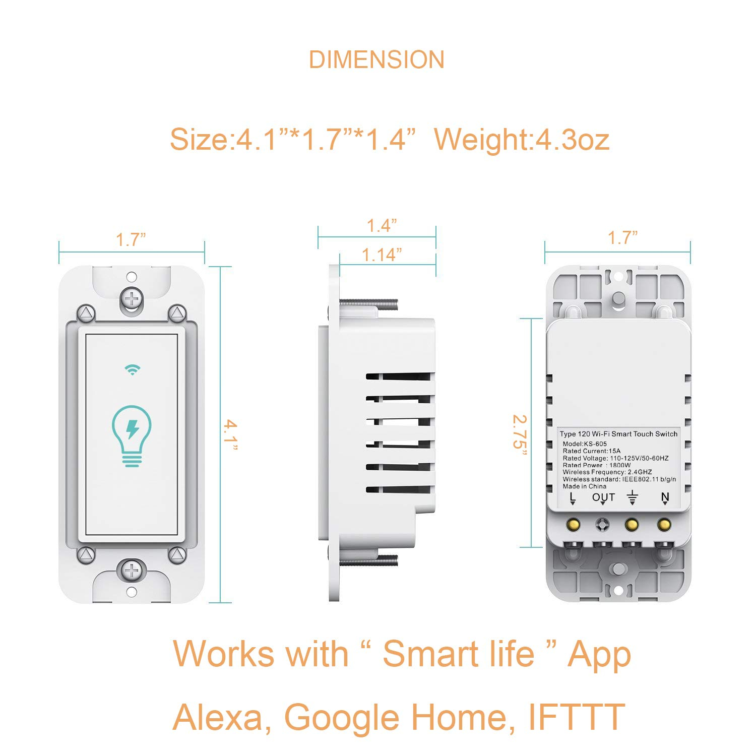 Smart Light Switch, Compatible with Alexa, Google Assistant, IFTTT, WiFi Light, Neutral Wire Required, Schedule Setting APP Remote Control, ETL, No Hub Required (Smart Switch 2pack)