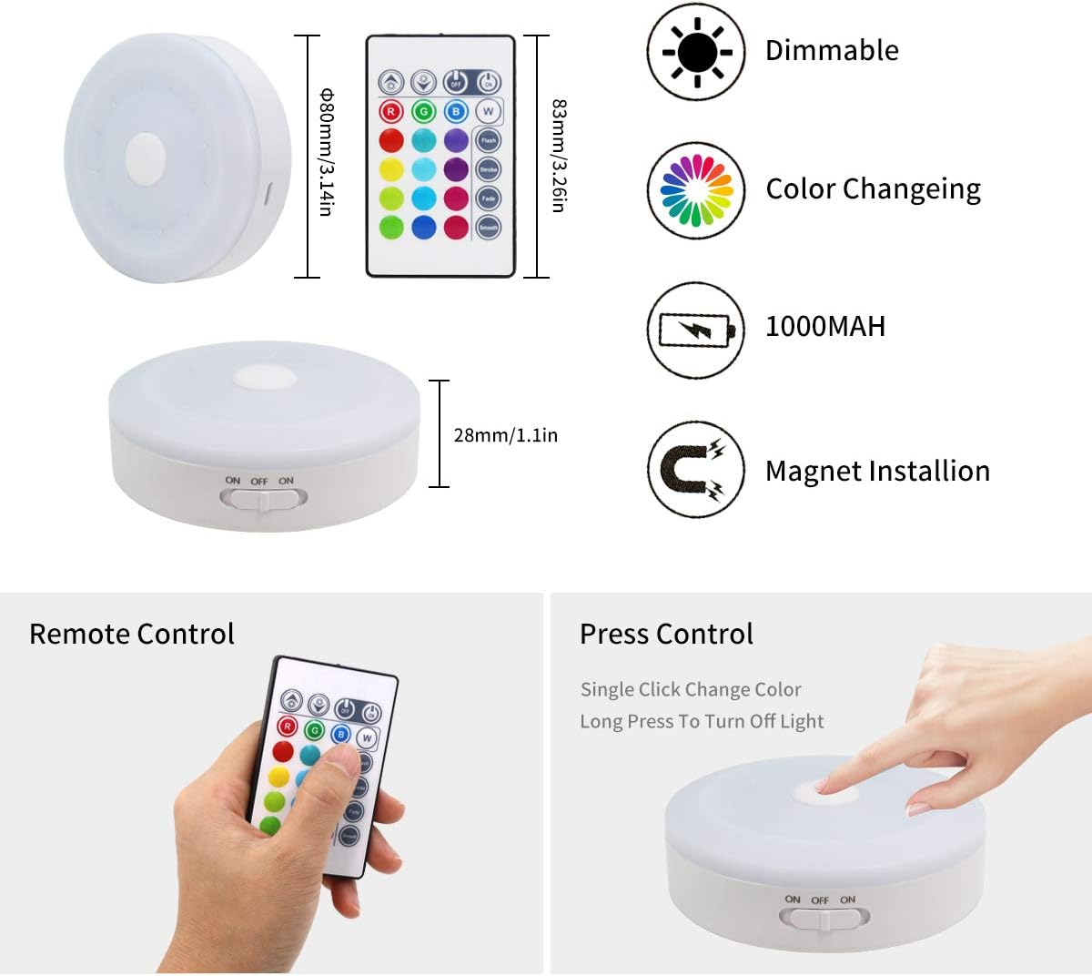 BASON LIGHTING Rechargeable Puck Lights with Remote, Color Changing Lights, Under Cabinet led Lighting, RGB Wireless Light for Kitchen, Closet, Display Case, 2 Pack