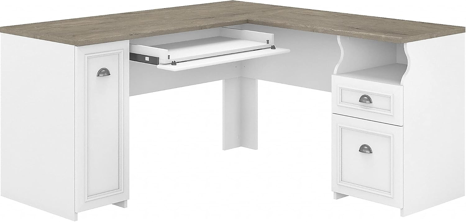 Bush Furniture Fairview 60W L Shaped Desk with Drawers and Storage Cabinet, White/Gray
