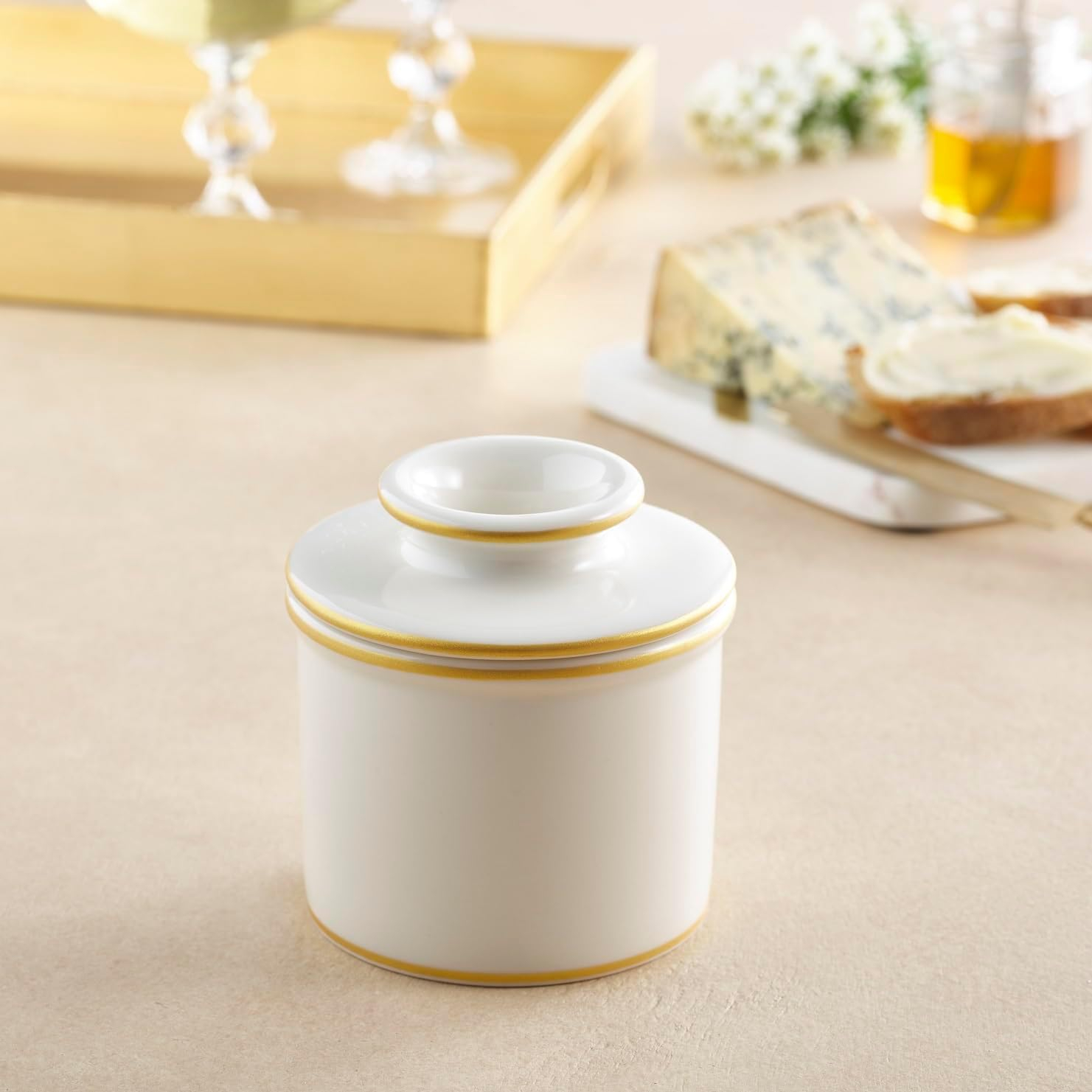 The Original Butter Bell® Crock By L. Tremain - French Butter Crock For Spreadable Soft Butter, Ceramic Butter Keeper for Counter, White with Gold Trim Butter Holder, 1 Piece, 3.94 x 3.94 x 4.14