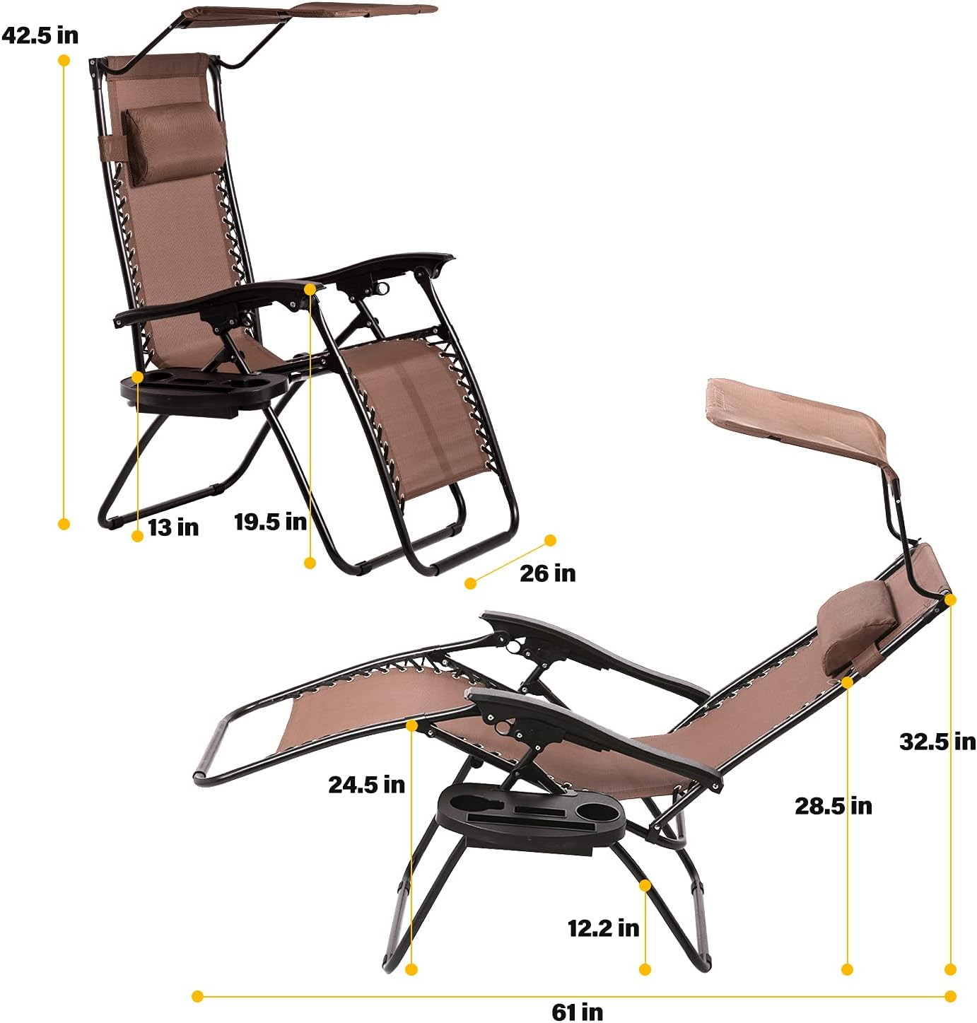 BestMassage Patio Chairs Lounge Chair Zero Gravity Chair 2 Pack Recliner W/Folding Canopy Shade and Cup Holder for Outdoor Funiture