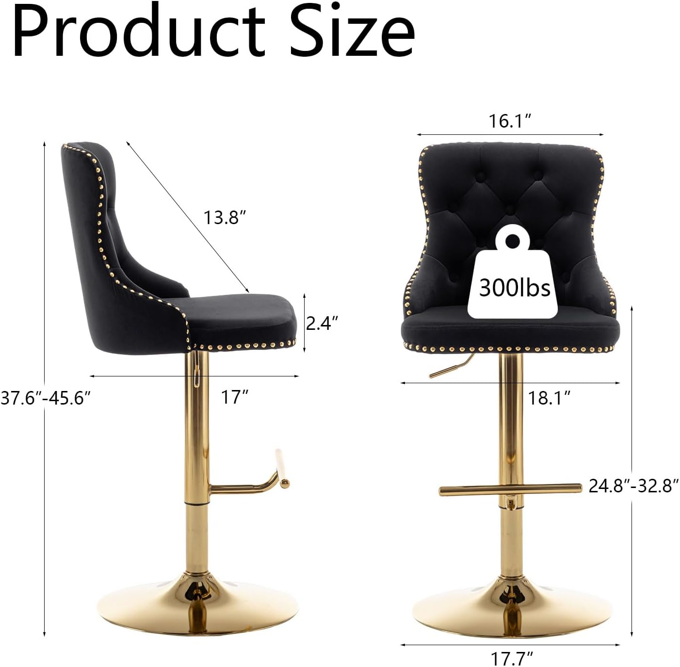 Gold Velvet Bar Stools Set of 2, Swivel Counter Height Bar Stools with Nailheads Trim and Button, Adjustable Barstools for Kitchen Island, Pub, Club (Beige)