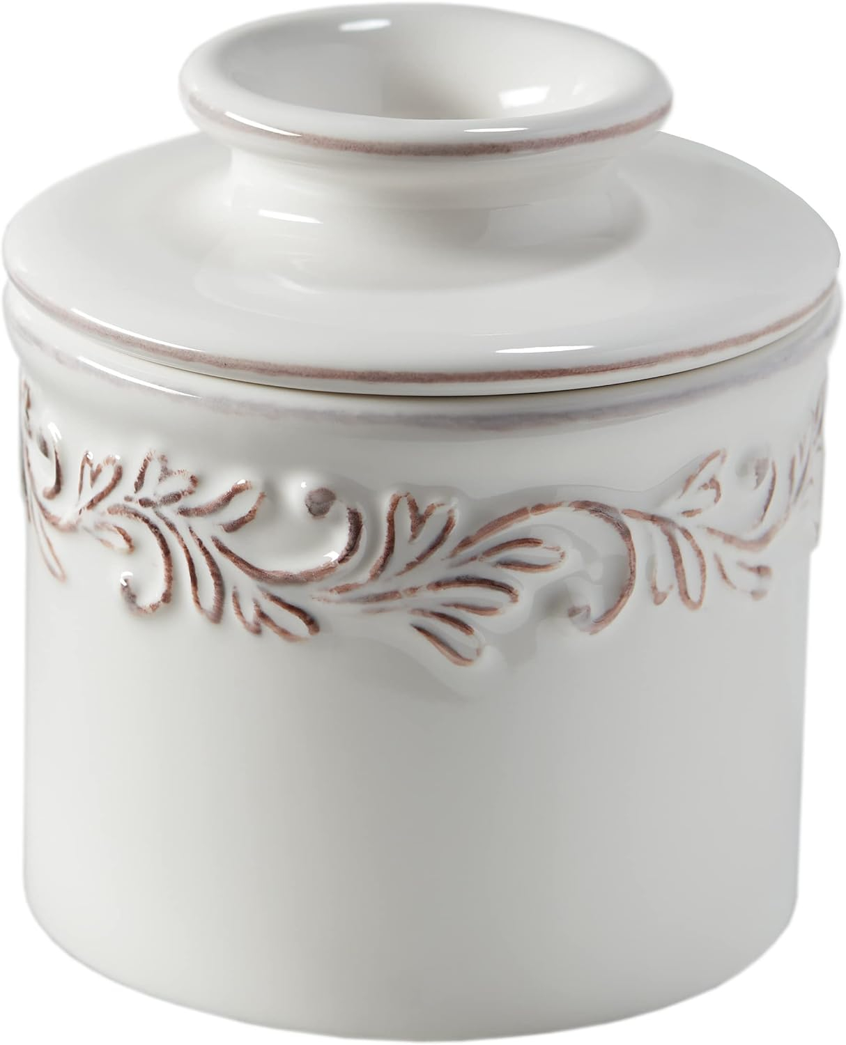 Antique White Ceramic Butter Bell Crock with Embossed Design