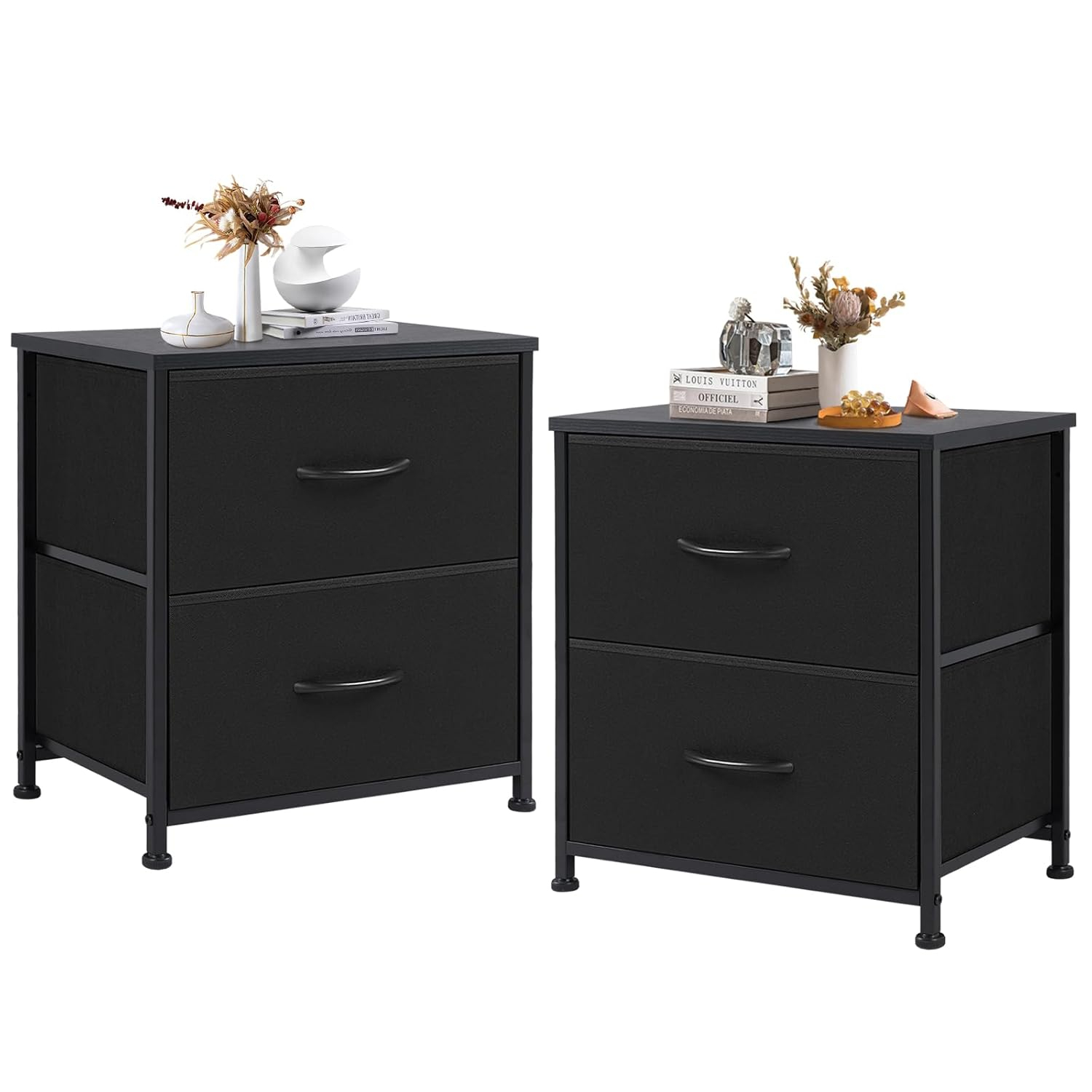 DUMOS Nightstand Set of 2, Small Dresser with 2 Fabric Drawers Side Bedroom End Table Kids Bedside Storage Furniture for 25 inch Tall Night Stand for Closet, Entryway, College Dorm, Classic Black