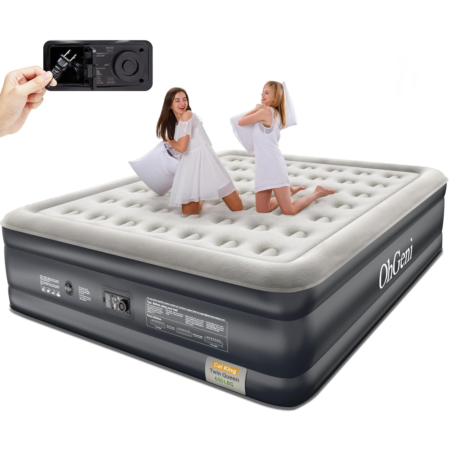 California King Black and Gray Raised PVC Air Mattress with Built-In Pump