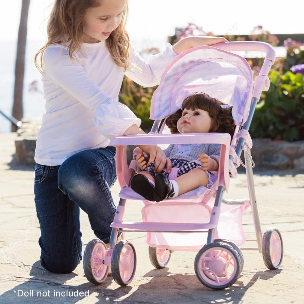 Adora Baby Doll Stroller, Snack N Go Collection with Adjustable Sun Cover and Doll Accessory Storage, Birthday Gift For Ages 3+ - Pastel Pink Heart