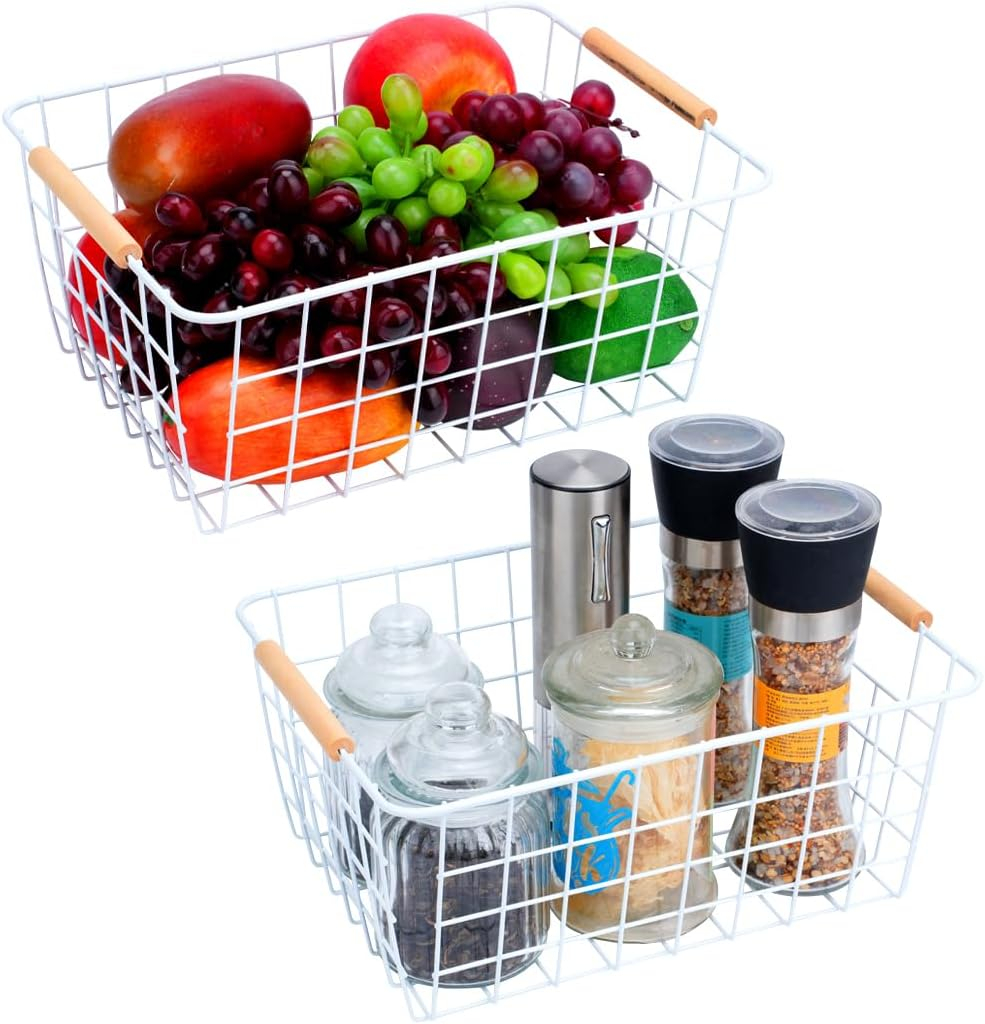 Wire Basket 2 Pcs Wire Storage Baskets Wire Baskets Organizing with Wooden Handles Wire Basket Pantry Organization and Storage Metal Wire Food Storage Basket for Kitchen, Cabinets (White 2PCS)