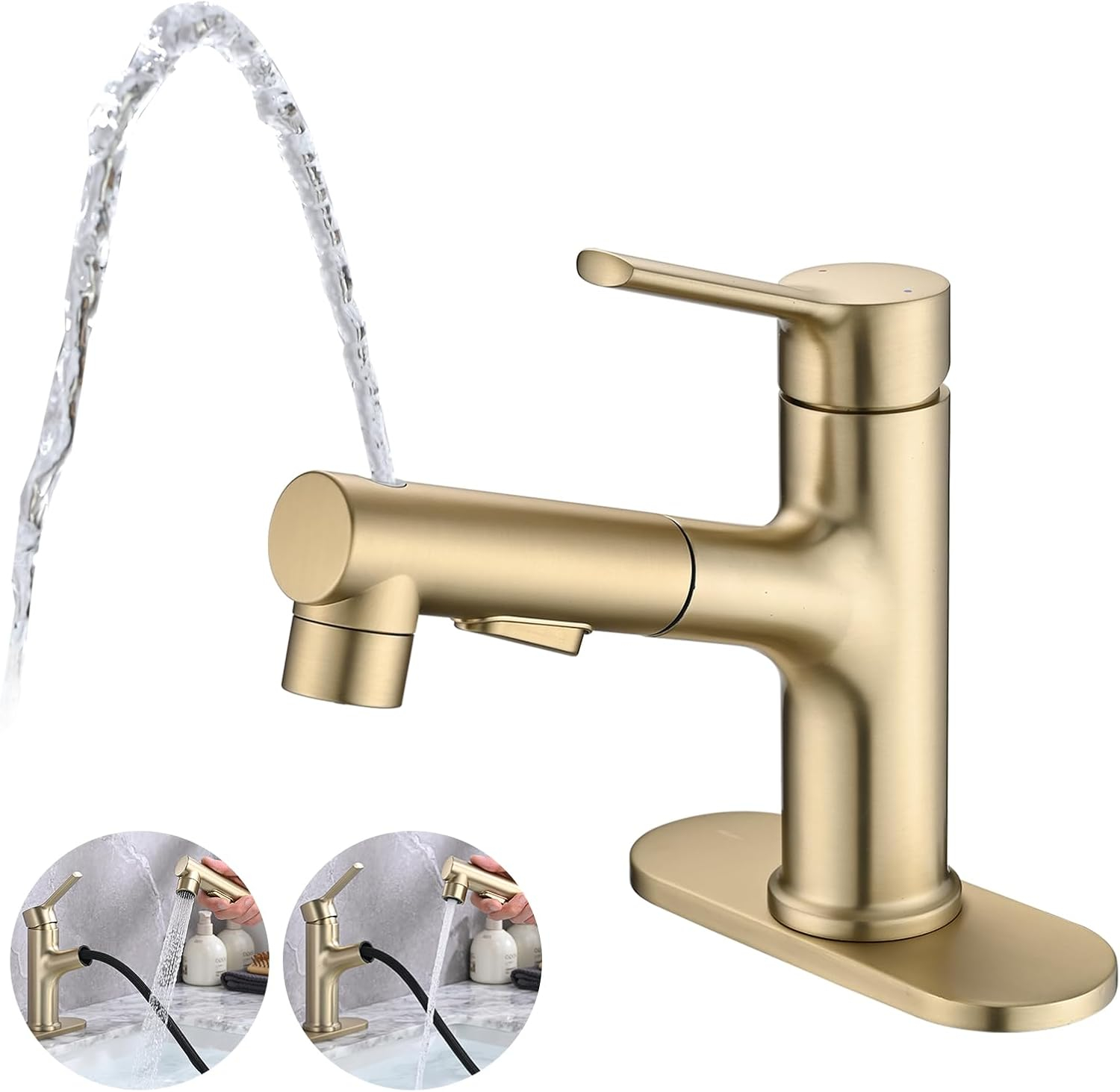 Single Handle 1 or 3-Hole Bathroom Faucet with Deckplate Included and Pull Out Sprayer in Brushed Gold