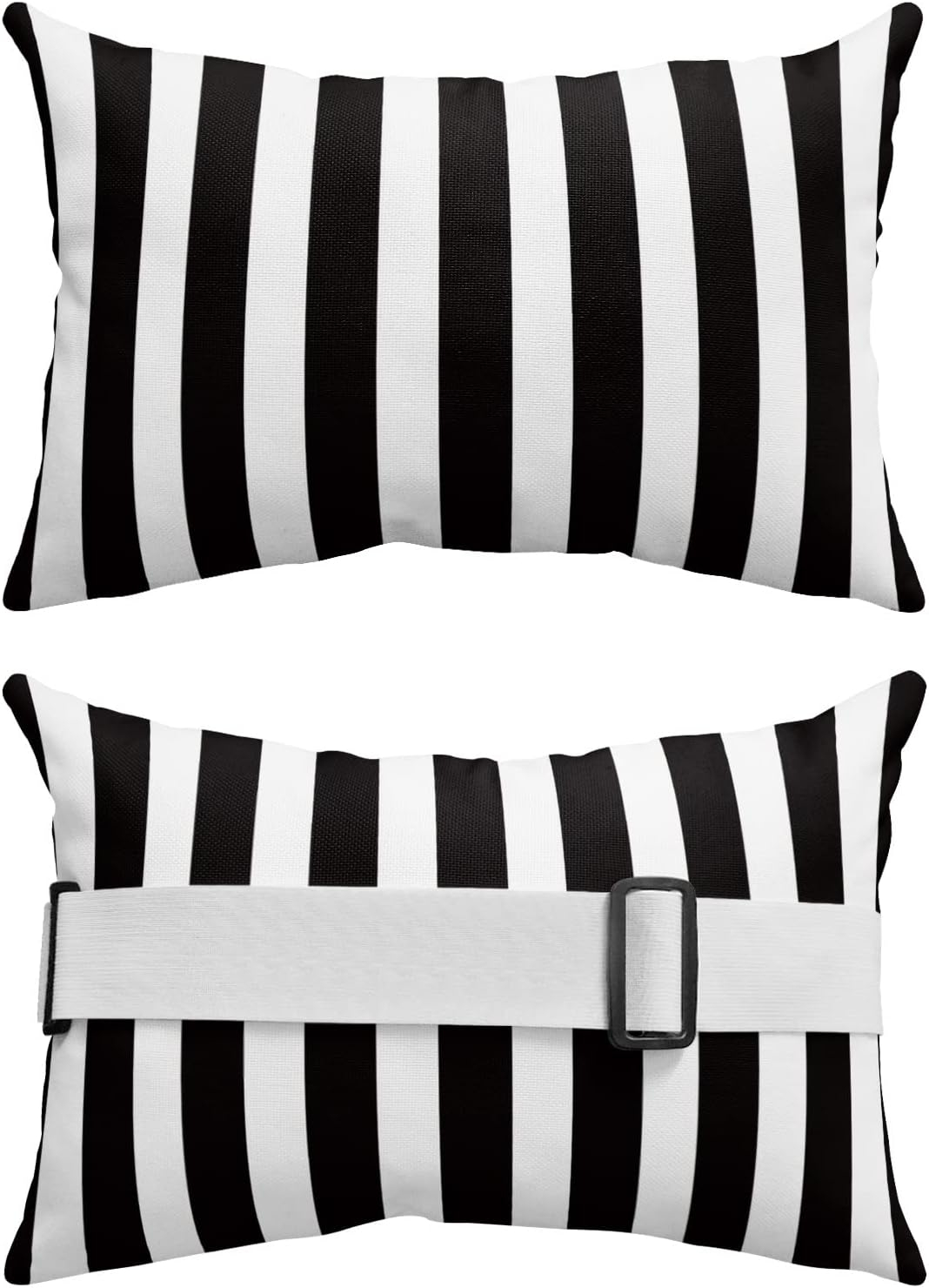 T&H XHome Outdoor Pillow for Chaise Lounge Chair, Black and White Stripe Waterproof Headrest Pillow Lumbar Pillows with Insert & Adjustable Elastic Strap for Beach, Poolside, Patio, Office (2 Pack)