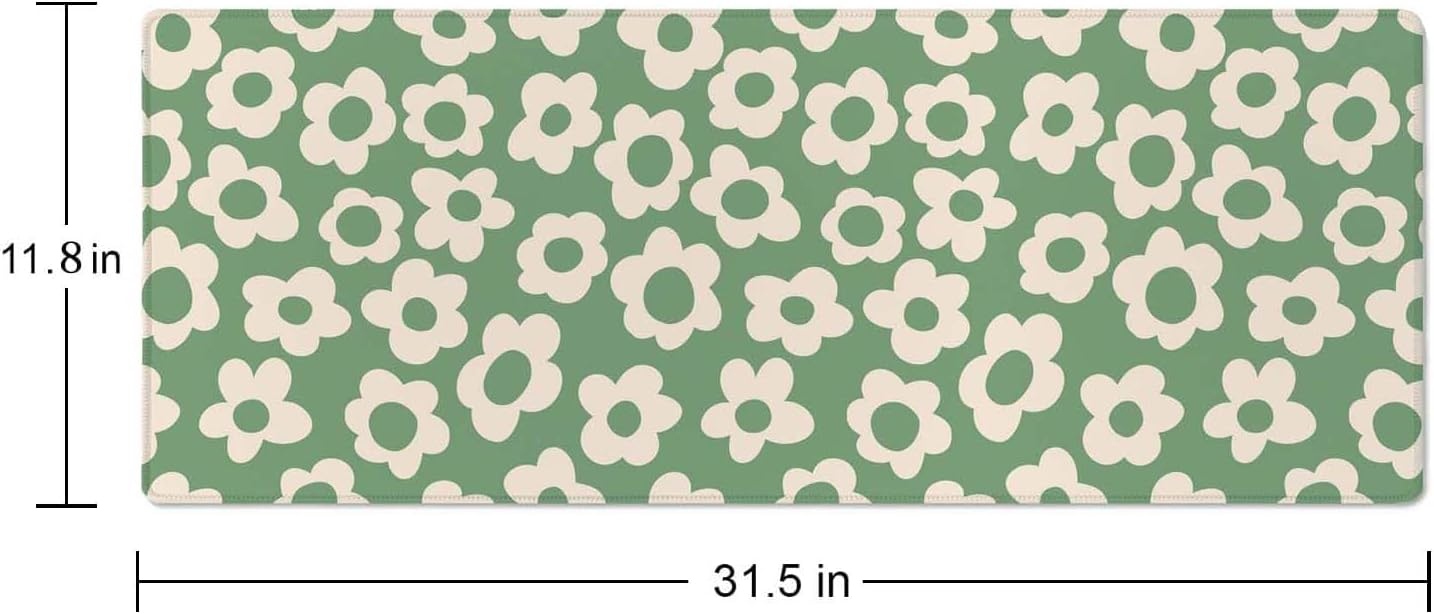 Vintage Groovy Green Flowers Gaming Mouse Pad,Extended Large Mouse Mat Desk Pad,Big Computer Keyboard Desk Pad,Stitched Edges Mousepad,3mm Thick Long Non-Slip Rubber Base Mice Pad, 31.5 X 11.8 Inch