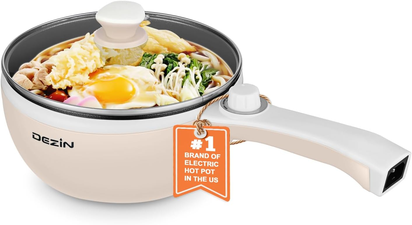 Dezin Electric Hot Pot Upgraded, Non-Stick Sauté Pan, Rapid Noodles Cooker, 1.5L Mini Pot for Steak, Egg, Fried Rice, Ramen, Oatmeal, Soup with Temperature Control, Beige (Egg Rack Included)