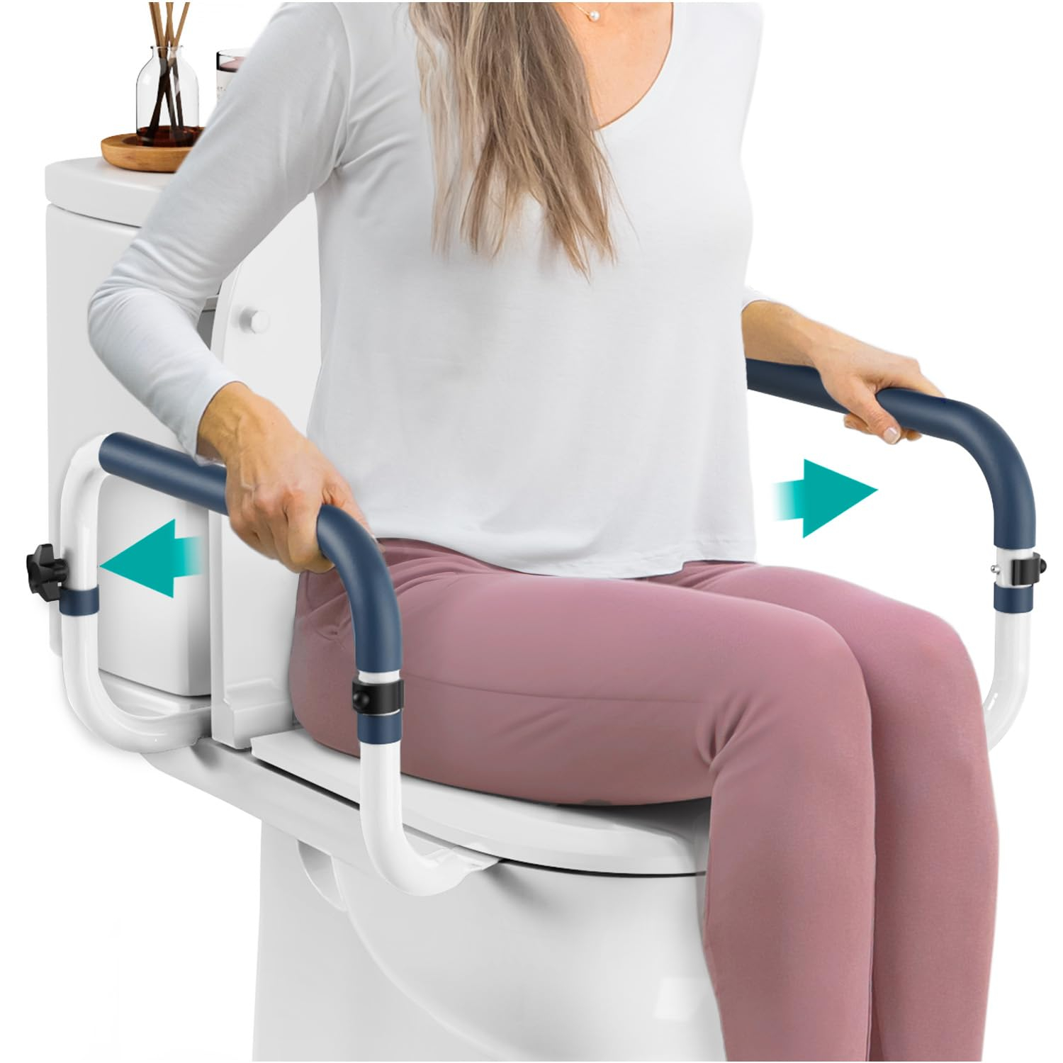 Adjustable White and Blue Metal Toilet Safety Rails with Handles
