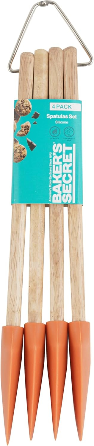 Baker's Secret - 4pcs Silicone Spatula set 12", Wooden Handle with Hanger, Cake Decoration Pastry Preparation, Baking Utensils - Orange