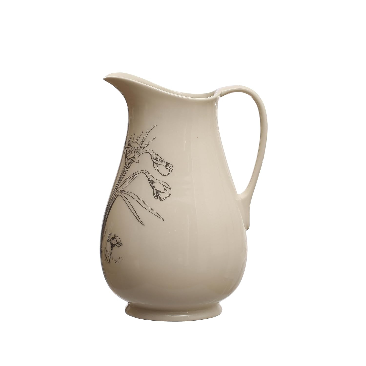 Creative Co-Op 6.5 Inches 2-Quart Stoneware Pitcher with Flower Design, White and Charcoal