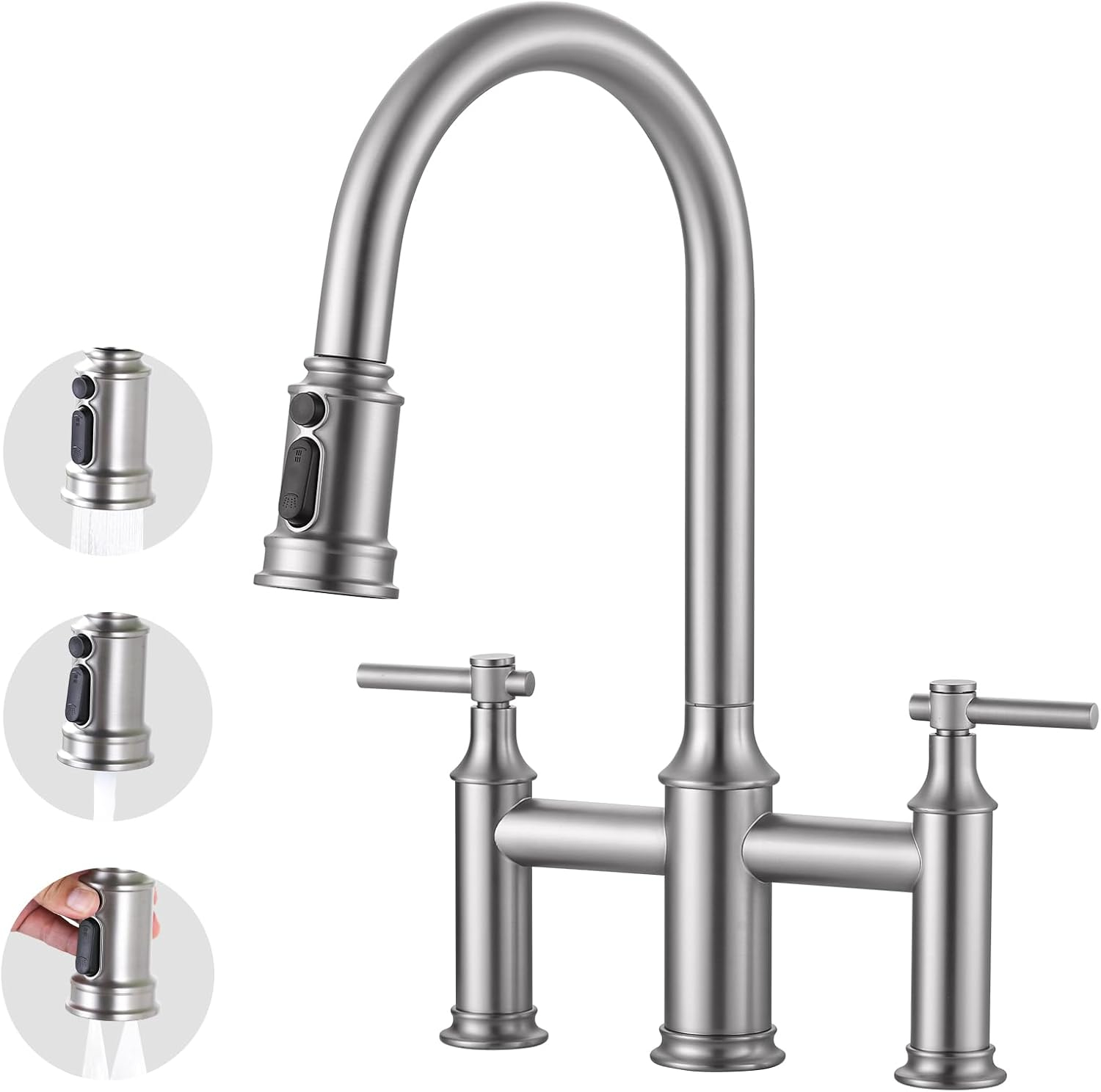 Brushed Nickel Bridge Kitchen Faucet: 3 Holes Kitchen Faucet with Pull Down Sprayer - Two Handles 8 Inch Centerset Kitchen Sink Faucet, 360° Swivel Spout