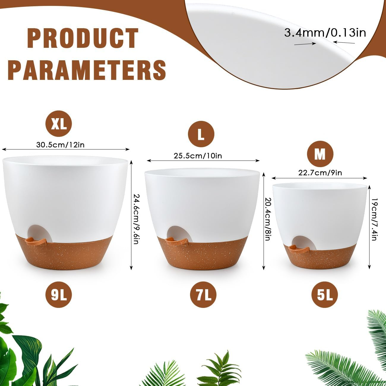 Self Watering Planter Pot 12/10/9 inch Set of 3, Indoor Flower Pots Self Draining Pots for Indoor Plants with Drainage Hole Saucer Reservoir, Plastic Self Watering Plant Pots, White