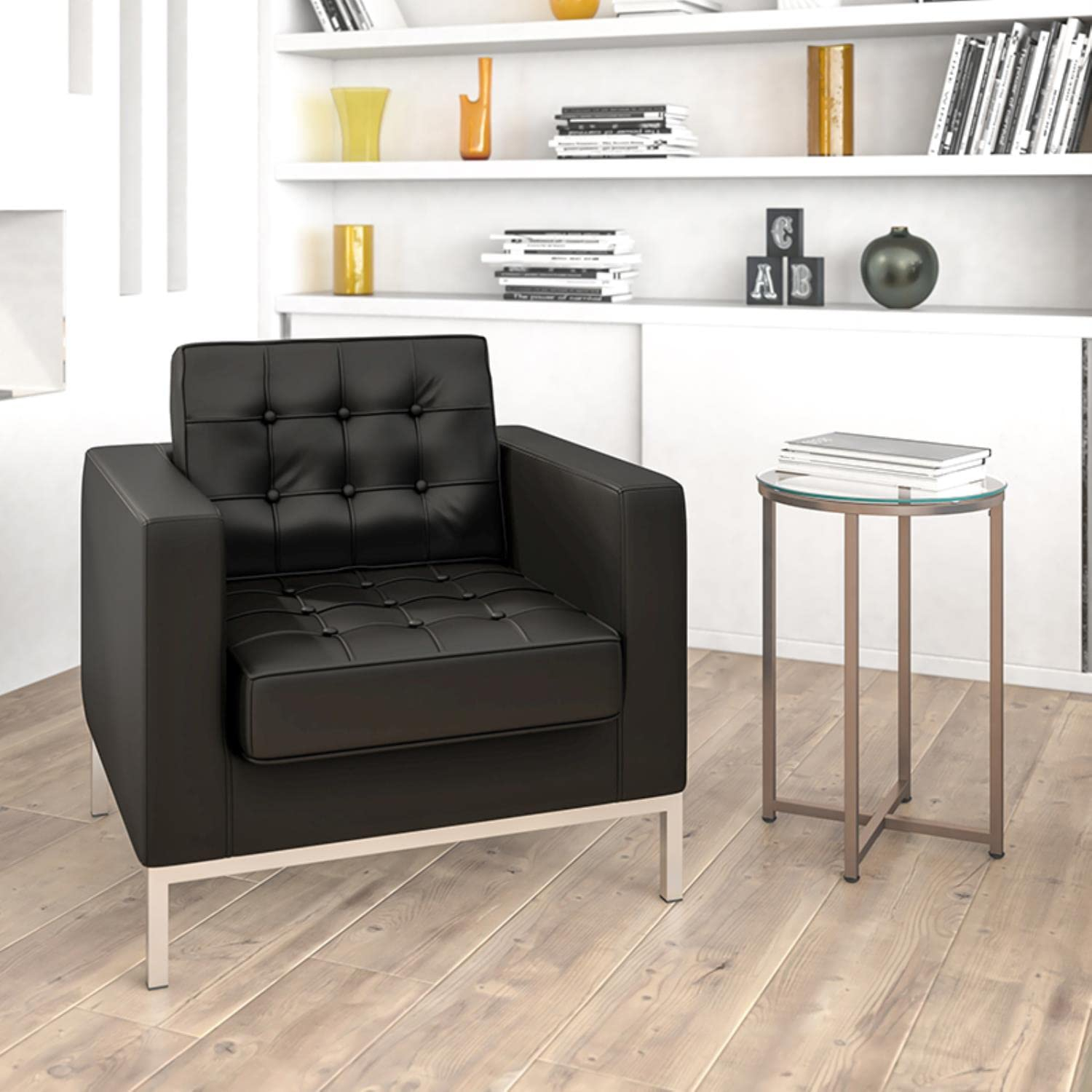 Flash Furniture HERCULES Lacey Series Contemporary Black LeatherSoft Chair with Stainless Steel Frame