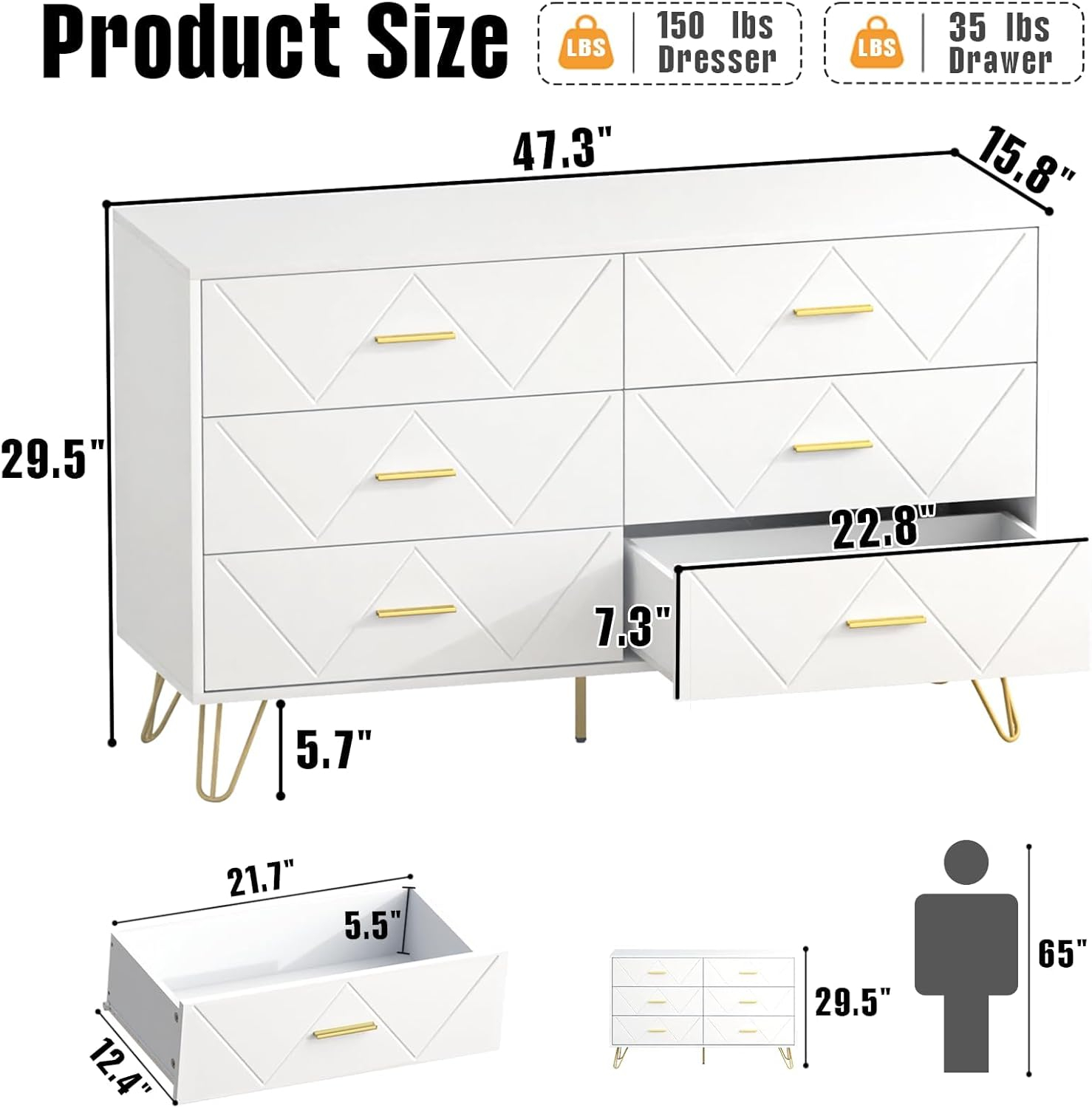 JOZZBY Dresser for Bedroom, 6 Drawer White Wood Dresser with Gold Handles, Modern Dressers & Chests of Storage Drawers for Hallway, Entryway