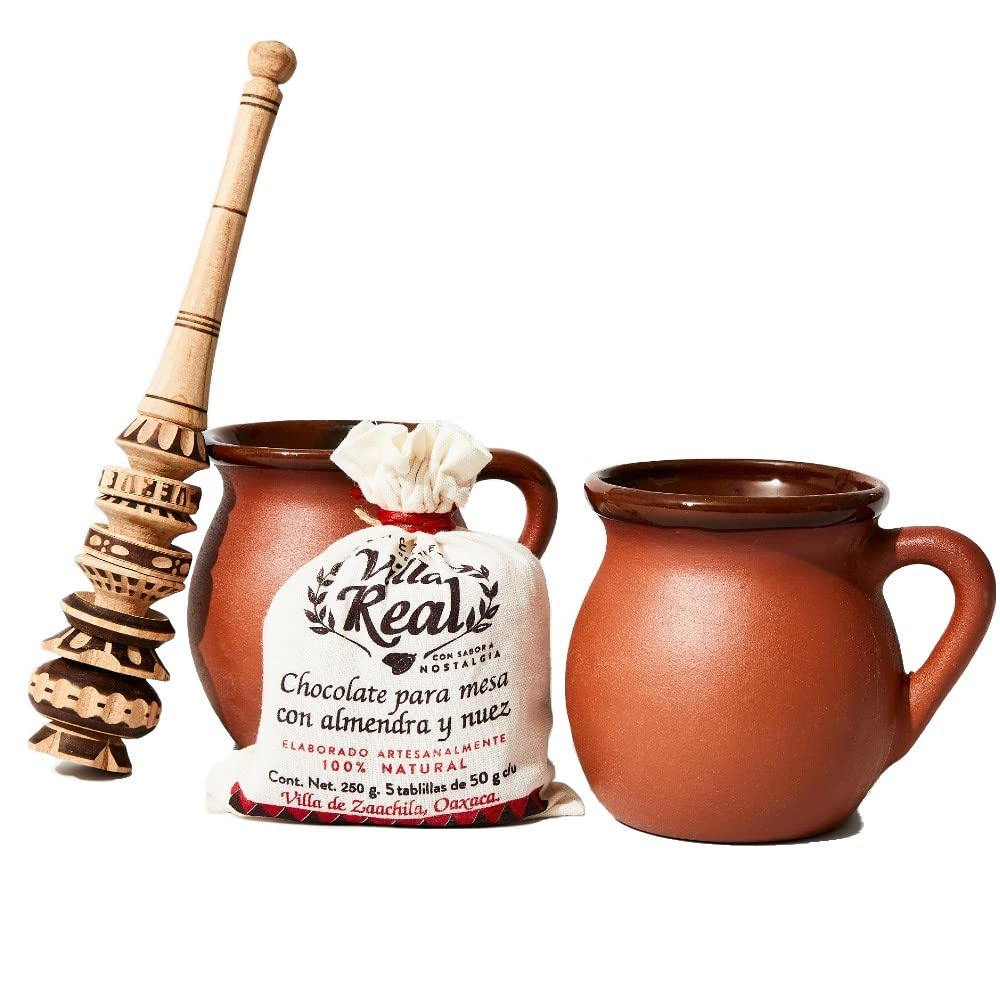 Traditional Mexican Hot Chocolate Gift Set with Clay Mugs and Wooden Frother