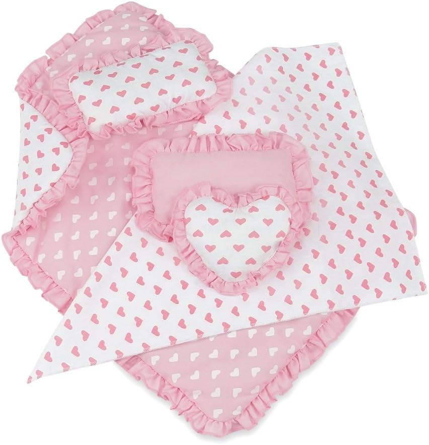 Emily Rose 18-Inch Doll Reverisble Pink Hearts 5-PC Bedding Bundle Set for Toy Beds Bunks Cribs & Cradles | Fits 15" - 18" Doll Bunkbeds - Blanket Pillows Accessories Bed Playset | USA Business