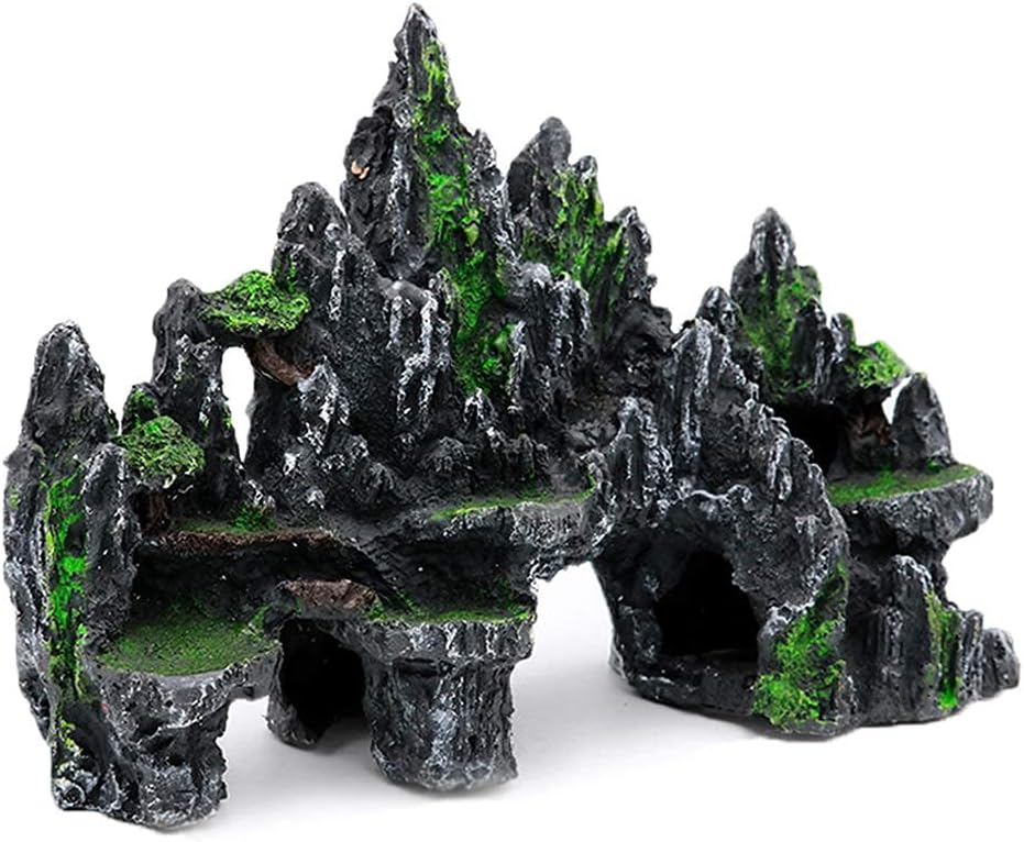 PakyKai Large Fish Tank Decorations, Mountain View Aquarium Ornament with Tree House Cave Bridge Artificial Plastic Plants Aquarium Decorations