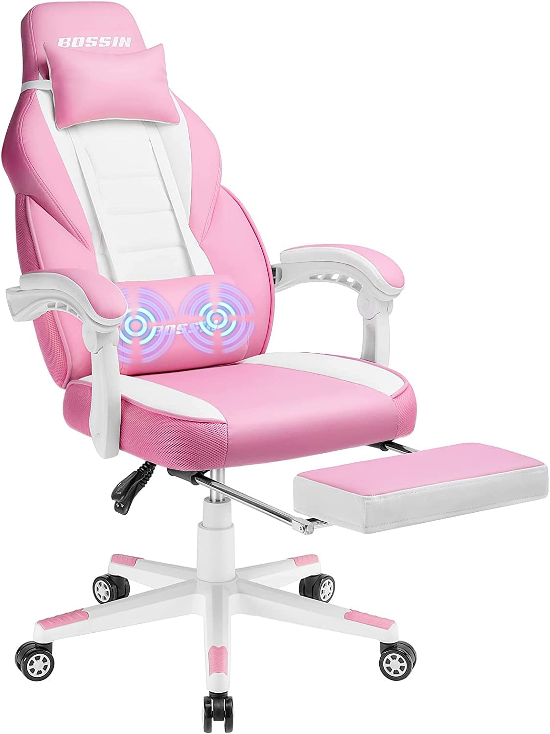 Bossin Gaming Chairs with Footrest, Massage Leather Game Chair for Adults, Big and Tall Gamer Chair with Headrest and Lumbar Support