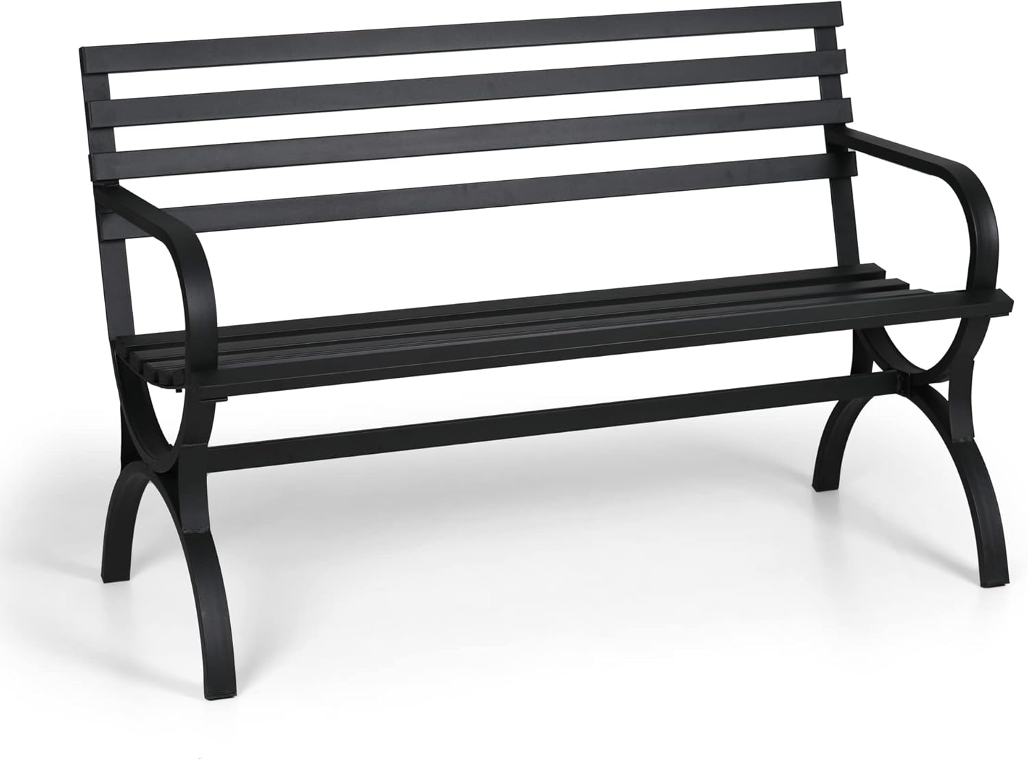 PHI VILLA Outdoor Garden Bench, 48” Long Metal Steel Bench with Backrest and Armrests, Modern Slatted Design for Patio, Lawn, Yard, Porch - Black