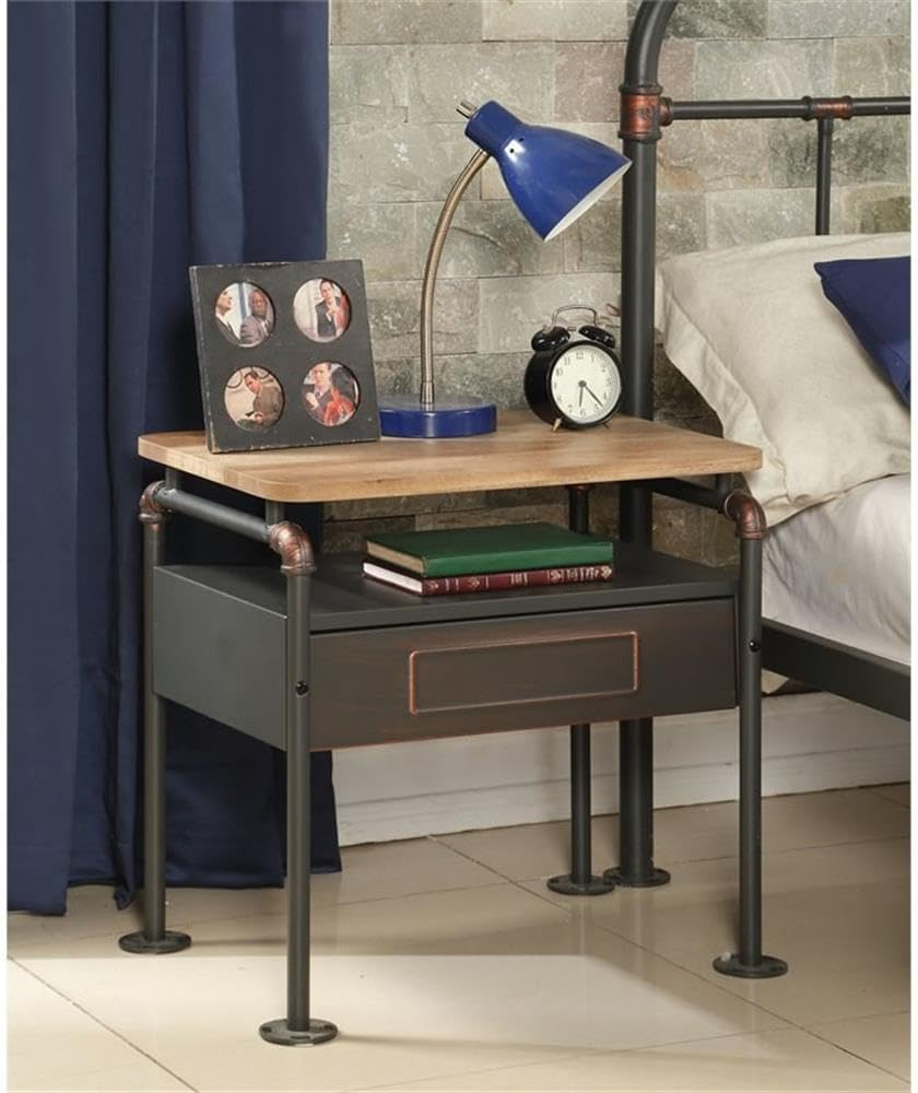 Industrial Pipe Detailed Nightstand With One Drawer And One Shelf, Antique Oak and Sandy Grey- Saltoro Sherpi