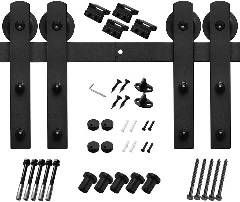 8ft Heavy Duty Sturdy Sliding Barn Door Hardware Kit, Double Door-Smoothly and Quietly, Easy to Install and Reusable - Fit 1 3/8-1 3/4" Thickness & 24" Wide Door Panel, Black(I Shape Hanger)