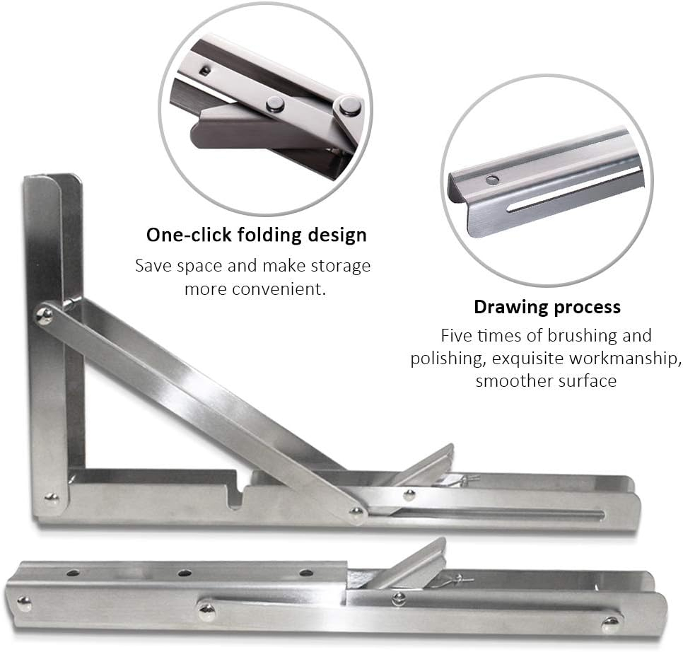 Storystore Folding Shelf Brackets - 10 Inch Heavy Duty Stainless Steel Collapsible Shelf Bracket for Bench Table, Space Saving DIY Bracket, Max Load: 550lb （2 PCS）