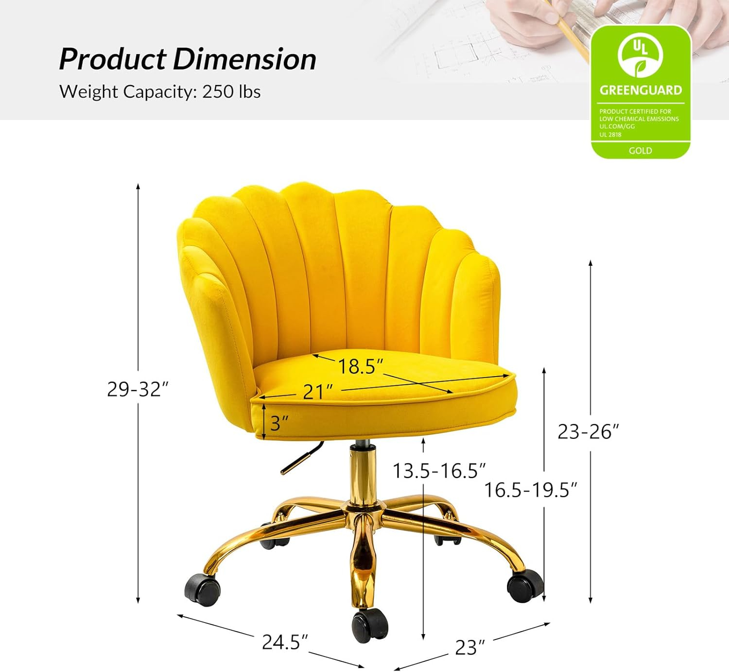 Yellow Velvet Swivel Task Chair with Gold Metal Base