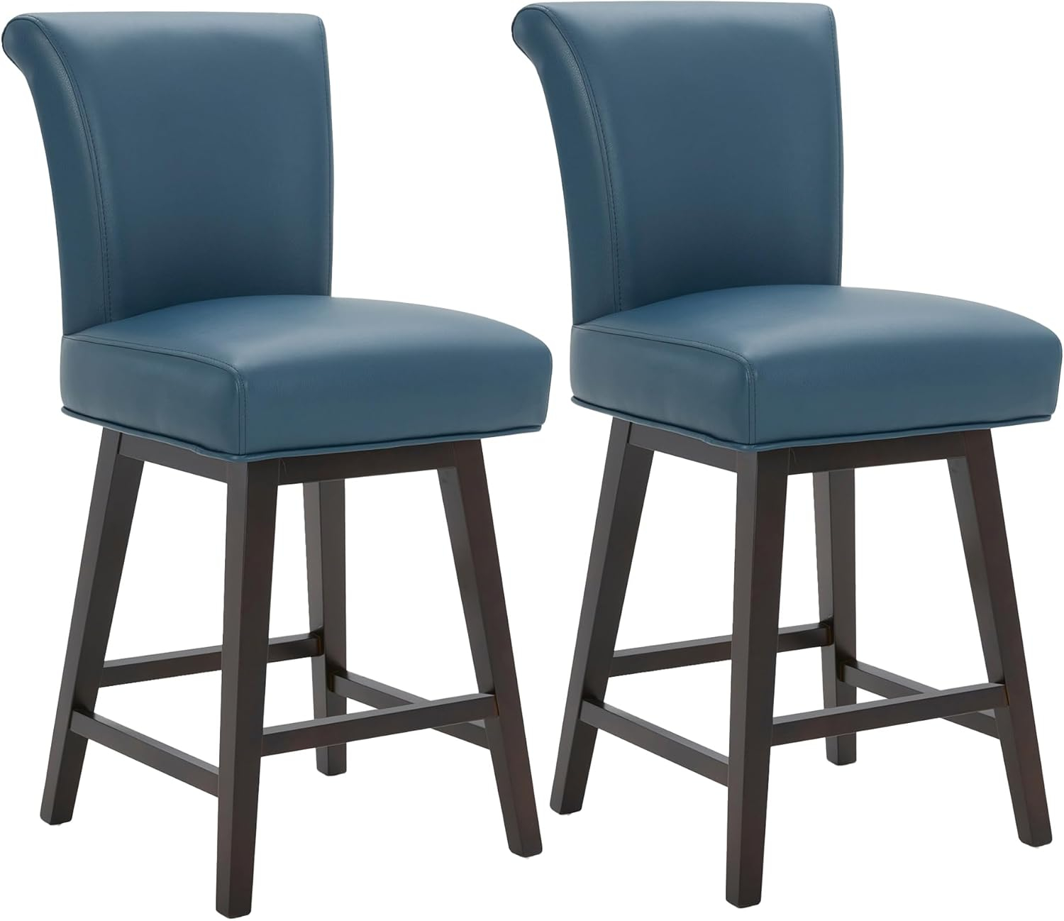 CHITA 26 in Upholstered Swivel Counter Bar Stools with Back&Wood Legs Set of 2, Faux Leather in Dark Blue