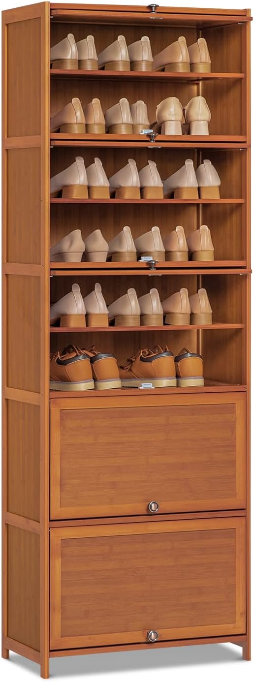 MoNiBloom Bamboo 10 Tiers 30 Pairs Shoe Storage Cabinet, Sneakers Shelf Rack, Brown, for Entryway