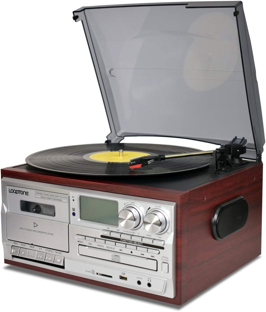 Record Player 9 in 1 3 Speed Bluetooth Vintage Turntable CD Cassette Vinyl Player AM/FM Radio USB/SD Encoding Aux-in RCA Line-Out (Silver)